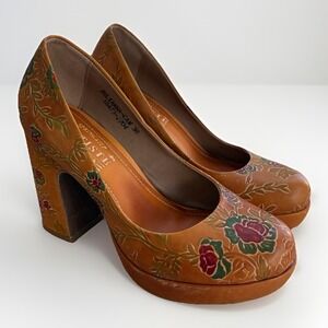 L'Artiste By Spring Step Julianna Heels Camel Brown Leather Chunky Floral